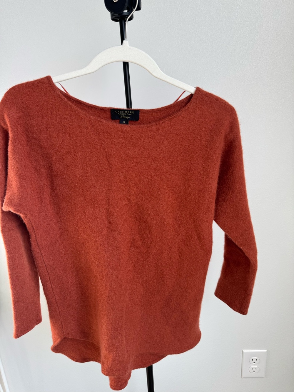 Charter Club Luxury 100% Cashmere Boatneck 3/4 Sleeve Sweater Rust Orange M